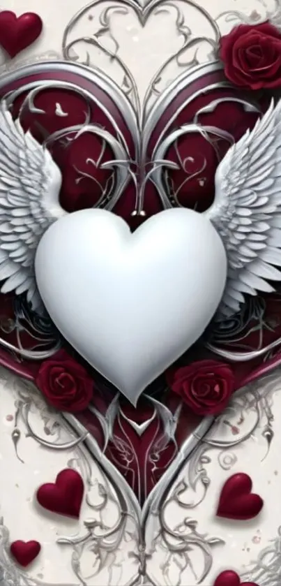 Artistic heart with wings and floral elements in vibrant red.
