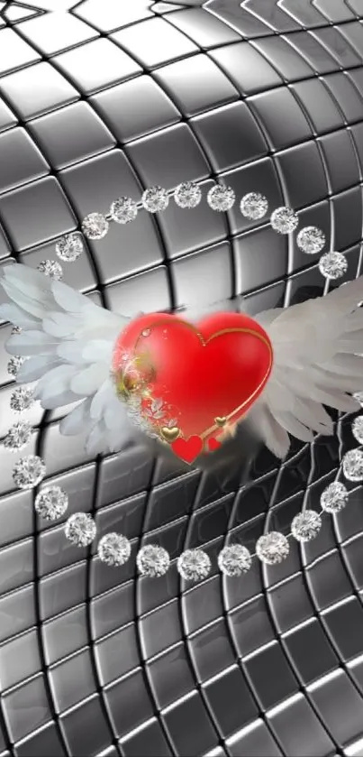 Red heart with wings on silver tile background.