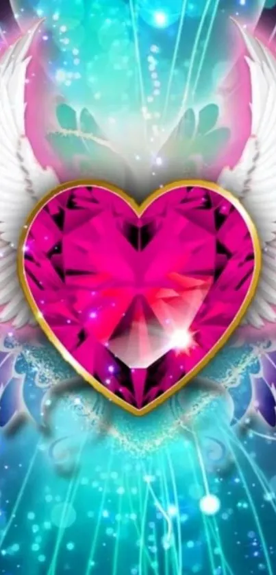 Vibrant pink heart with wings on an aqua blue background.