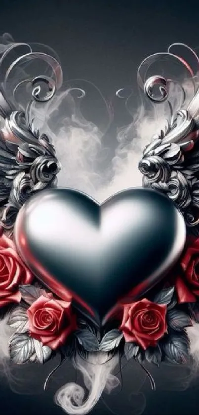 Heart with wings and roses in dark, elegant fantasy design.