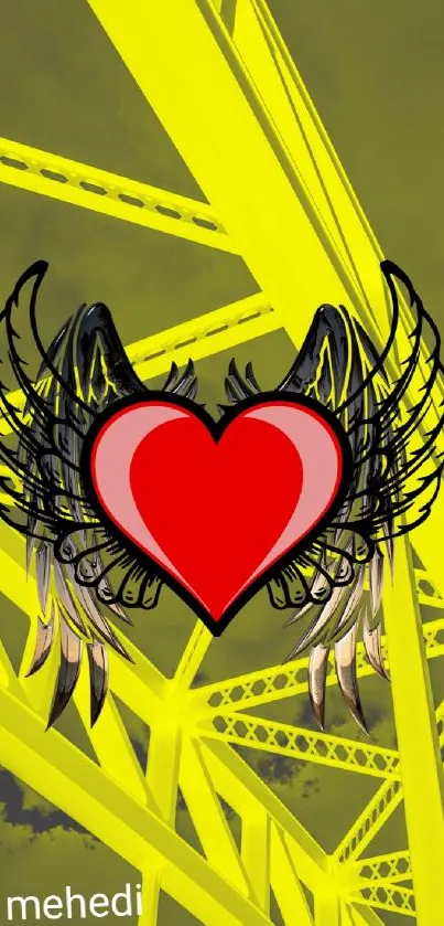 Heart with wings on a yellow background, bridge design.