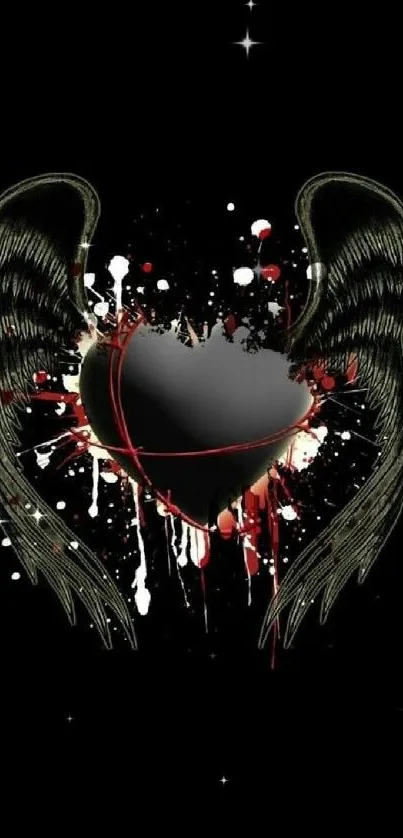 Heart with wings and splatter art on a black background.