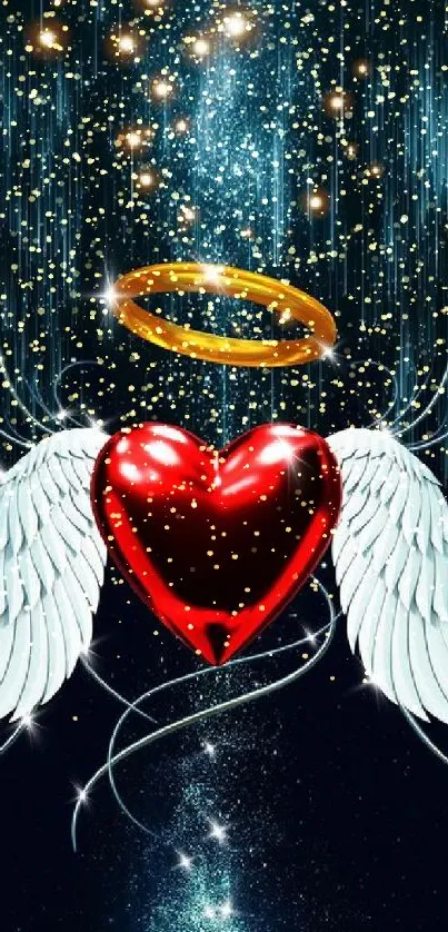 Red heart with white wings and golden halo on dark celestial background.