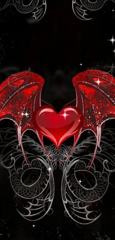 Red heart with intricate wings on dark background.