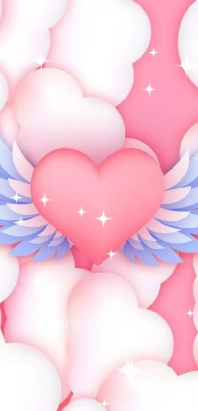 Pink heart with wings in a cloud background wallpaper.