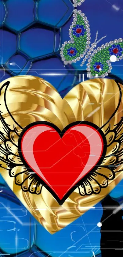 Golden heart with wings and butterfly on blue background.