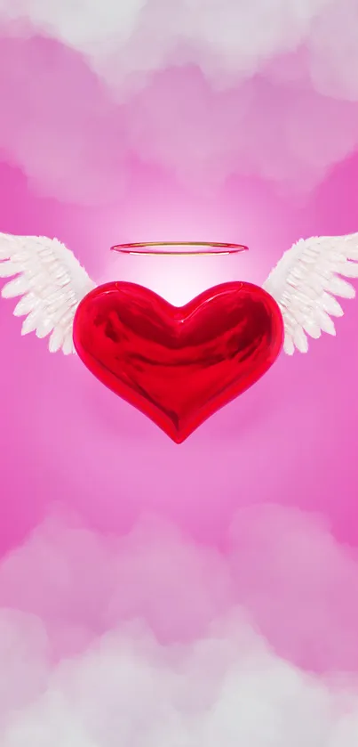 Pink heart with wings and halo wallpaper image.