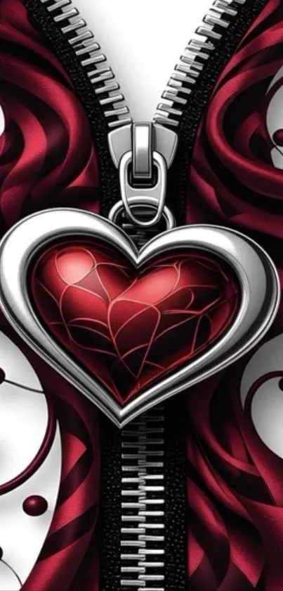 Heart and zipper art wallpaper in red and silver design.