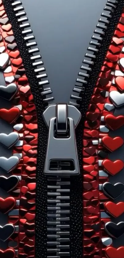 Heart zipper design mobile wallpaper with red and black motifs.