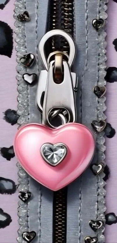 Pink heart zipper with leopard print background.