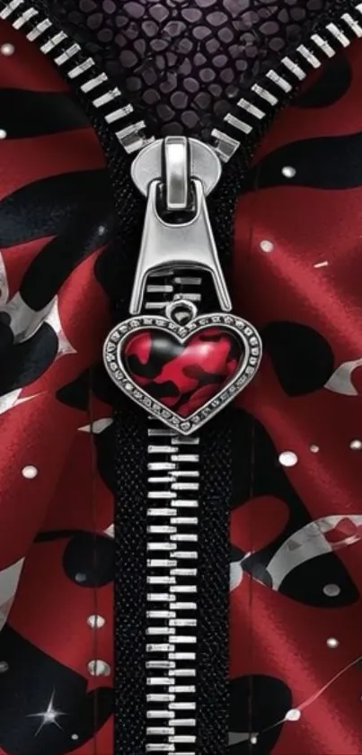 Red wallpaper with heart-shaped zipper design.