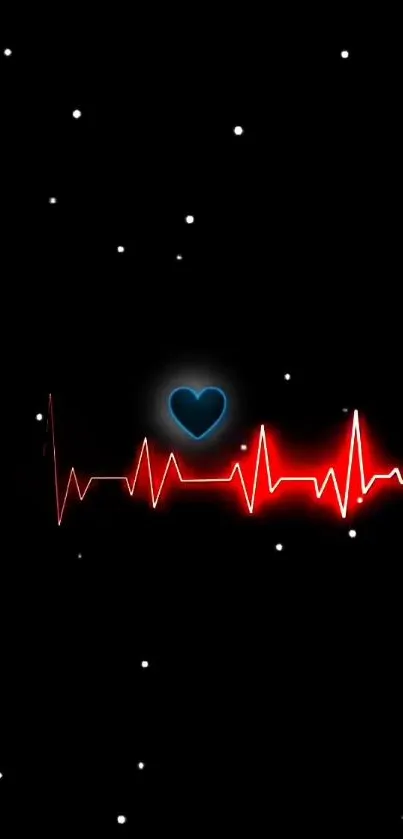 Dark wallpaper with red heartbeat line and blue heart design.