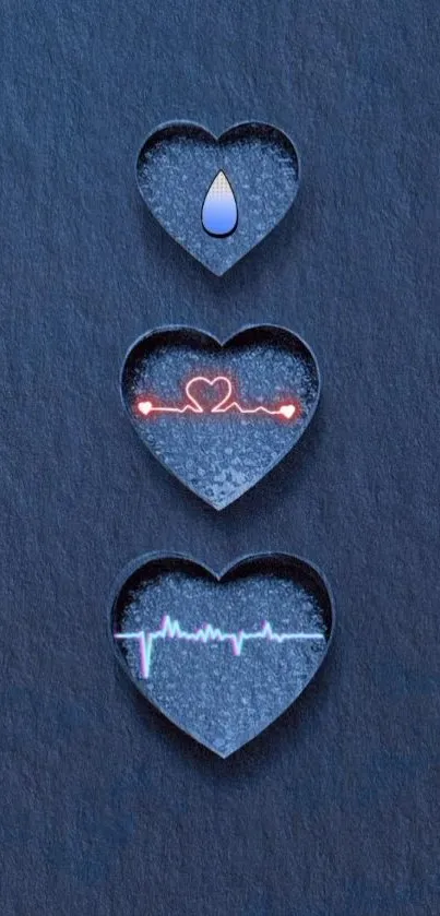 Stylized heart symbols with vibrant lifelines on a textured blue background.