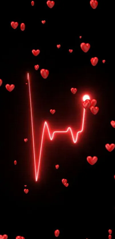 Red neon heartbeat with floating hearts on a black background wallpaper.