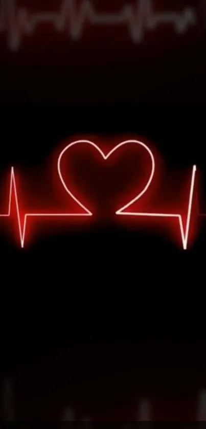 Neon heartbeat wallpaper with glowing red heart and ECG line on black background.