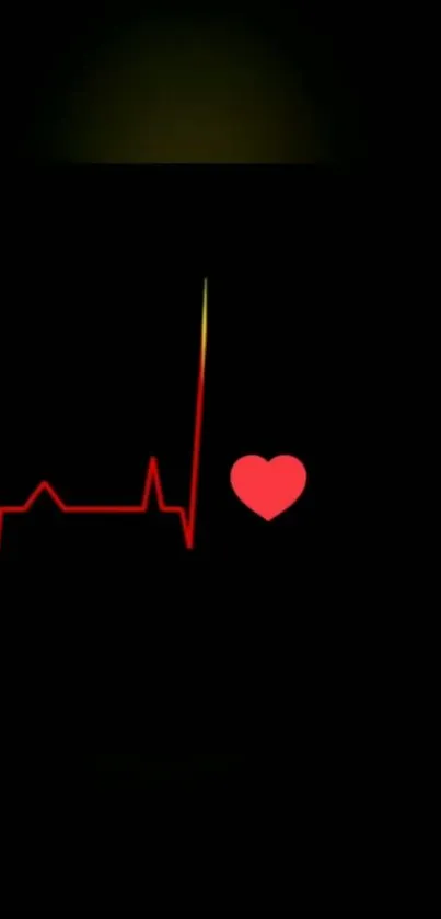 Red heartbeat line with heart symbol on black background mobile wallpaper.