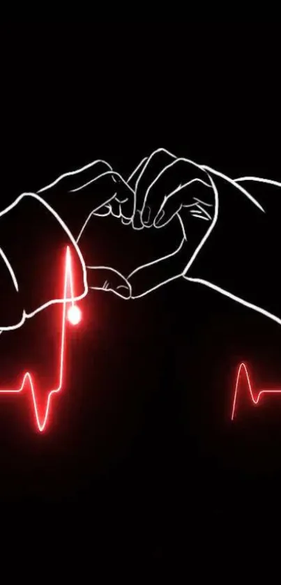 Hands form a heart with red heartbeat line on black background.