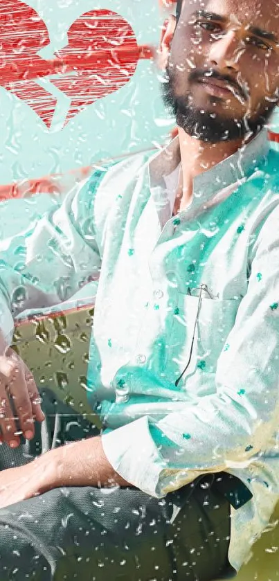 Moody wallpaper with heart icon and rain.