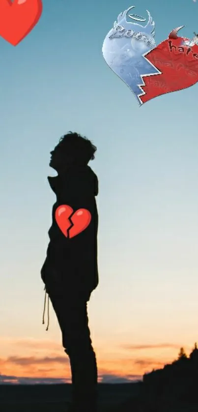 Silhouette of a person with heartbreak-themed hearts at sunset.