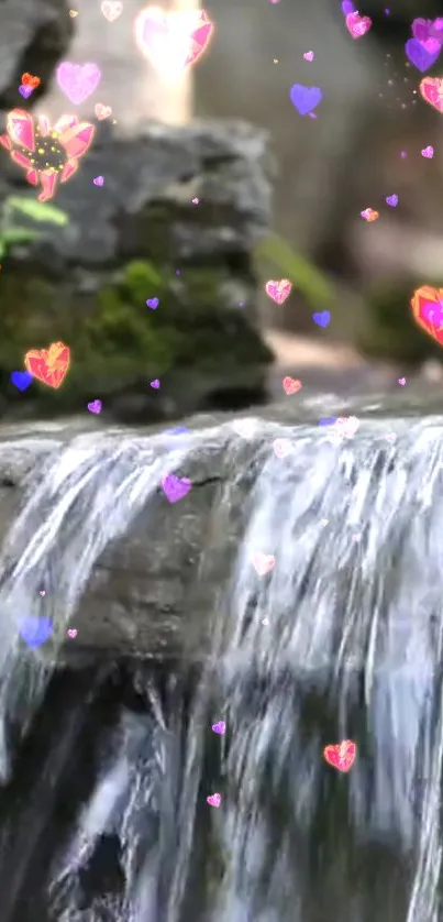 Waterfall with vibrant heart overlays on a serene backdrop.