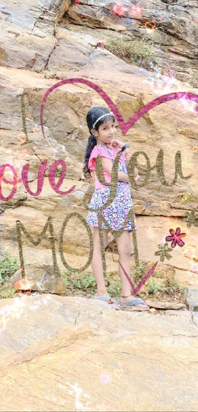 Child standing on rocks with heart-shaped 'Love You Mom' text.