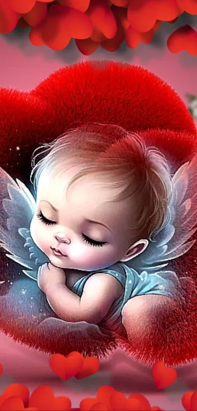 Adorable angel nestles in a fuzzy red heart with floral designs.