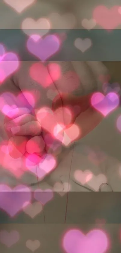 Baby's hand holding adult's surrounded by pink bokeh hearts.