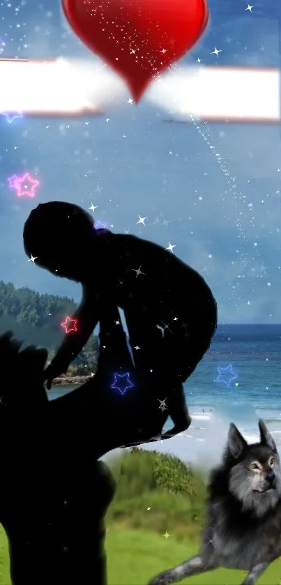 Child and dog silhouette with heart and stars on a beach wallpaper.