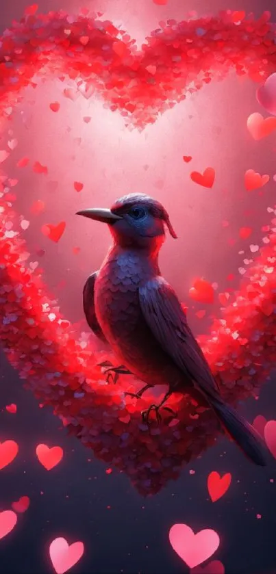 A vibrant bird nestled in a heart-shaped frame with floating hearts.