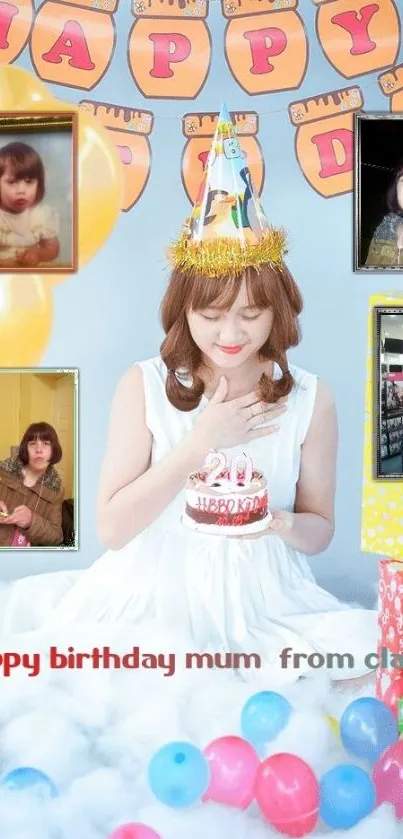 A woman celebrates birthday with cake and family photos, surrounded by balloons.