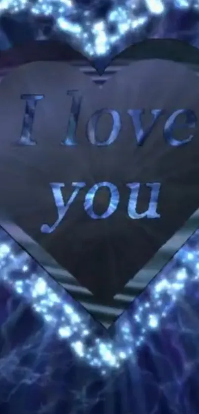 Blue heart wallpaper with 'I love you' message.