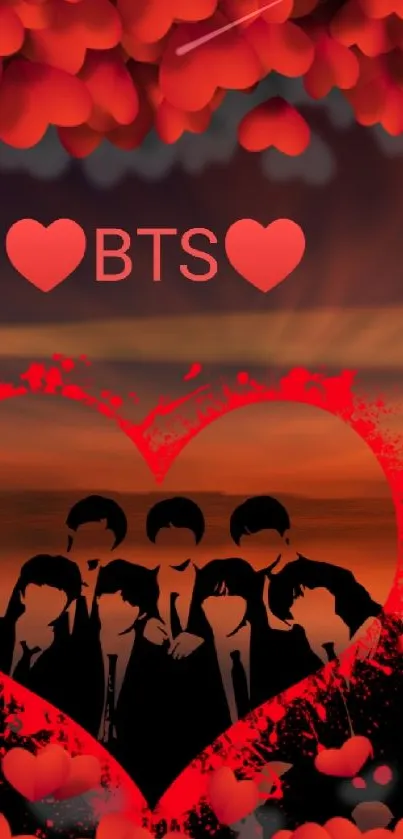 BTS mobile wallpaper with heart design and lighthouse sunset.