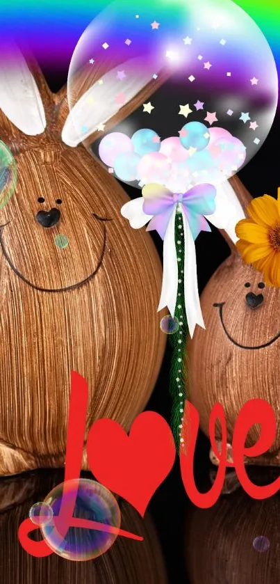 Charming wooden bunnies with heart and colorful bubbles on black background.