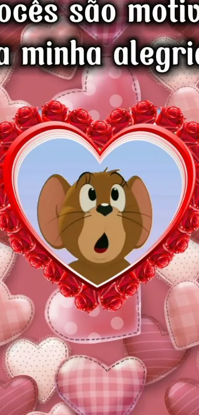 Cartoon character in a red heart on pink background.