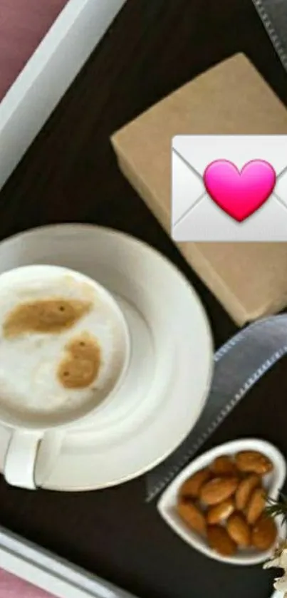 Coffee cup with heart envelope on breakfast tray