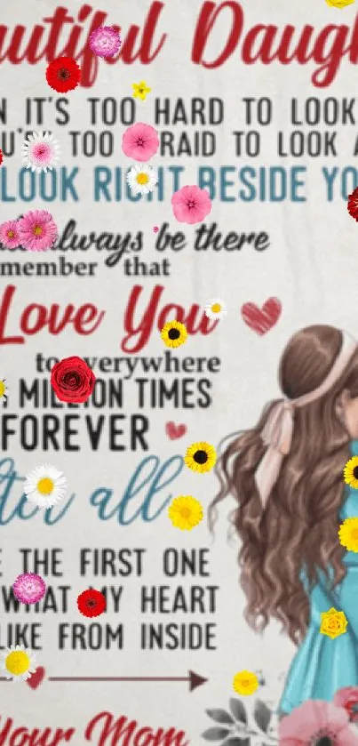 Wallpaper with loving message for daughters, featuring flowers and typography.