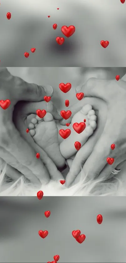 Baby's feet surrounded by hands with red hearts floating around.