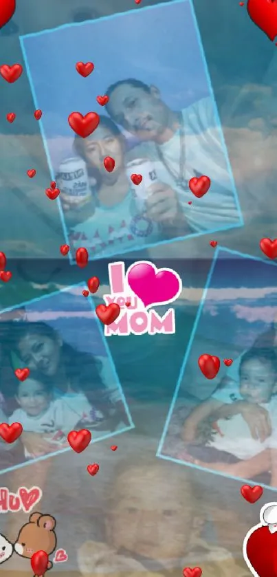 Family love wallpaper with hearts and photos dedicated to moms.