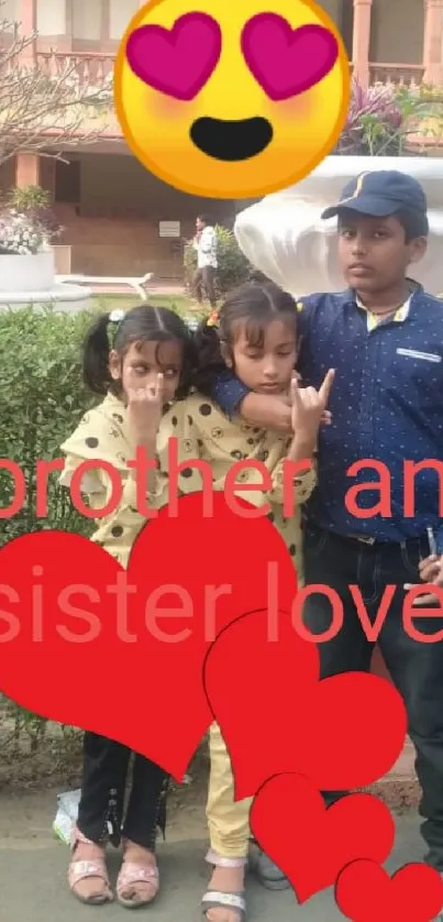 Family wallpaper with kids and heart emojis.