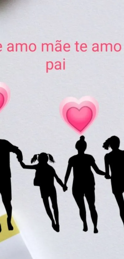 Family silhouette with pink hearts and a love message on a minimalist background.