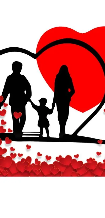 Silhouetted family with red hearts.