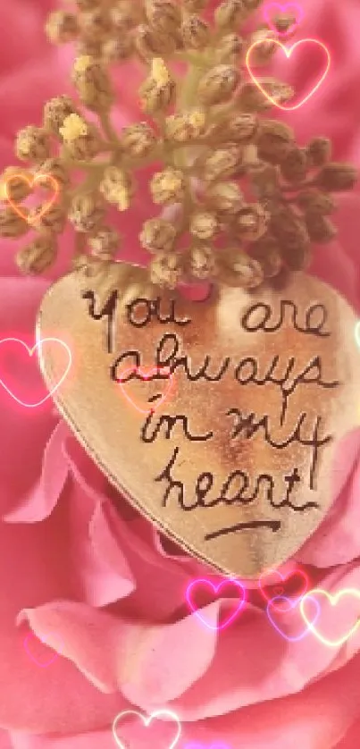 Heart-shaped leaf on pink rose with heartfelt message mobile wallpaper
