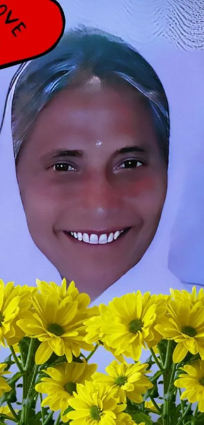 Smiling face with yellow flowers and love message.