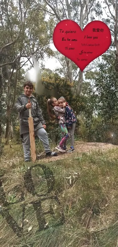 Heartfelt family moment in the forest with love message in heart shape.