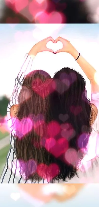 Two friends forming heart with hands in pink bokeh background.