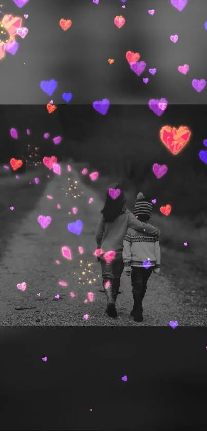 Mobile wallpaper featuring two friends walking with colorful floating hearts.