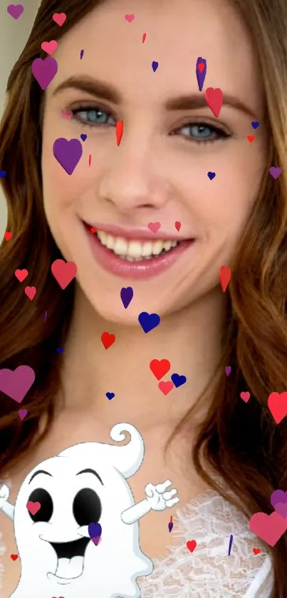 Mobile wallpaper with a smiling ghost surrounded by colorful hearts.