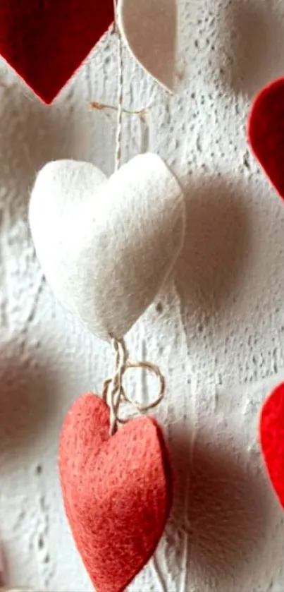 Hanging felt hearts in red and white