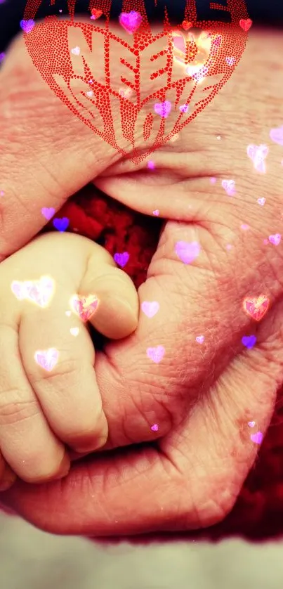 Hands holding with colorful heart overlay, symbolizing love and unity.