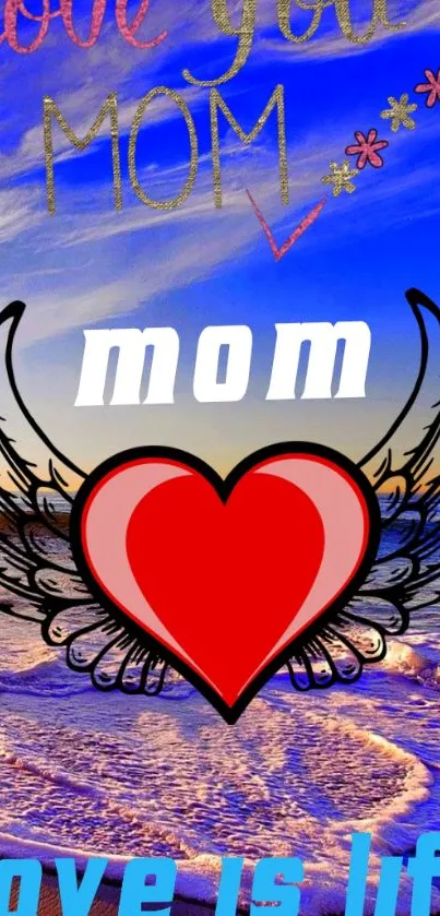 Heart-themed mom love mobile wallpaper with ocean waves.